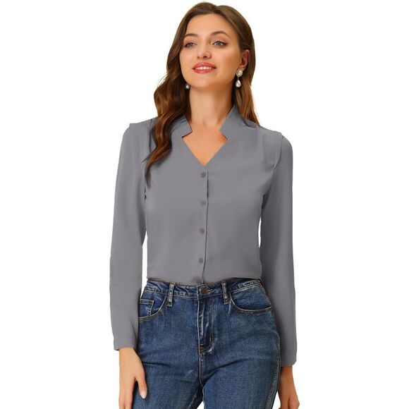 Blouse Button Up Long Sleeve V Neck Chiffon Shirt Grey - Picture 1 of 5